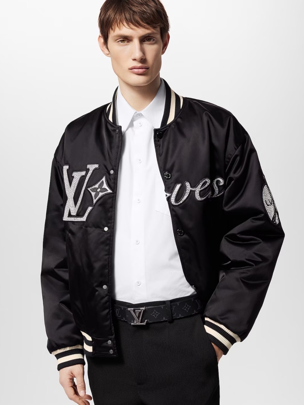Louis Vuitton Black Satin Varsity Bomber with Ivory Stripe Trim